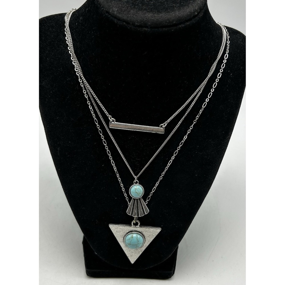 Lucky Brand Necklace Silver Tone Faux Turquoise Pendant Layered 3 in 1 Read